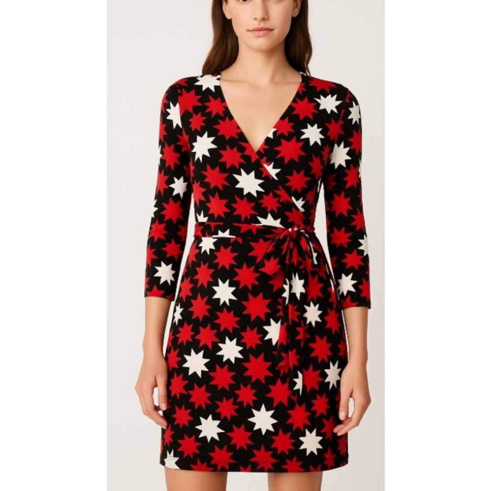 Diane Von Furstenberg Red Black White Star-Print Wrap Midi Dress